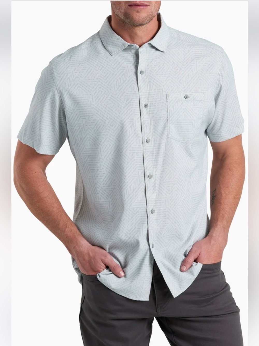 Kuhl Persuadr short sleeve button down technical shirt geometric print sz L UPF